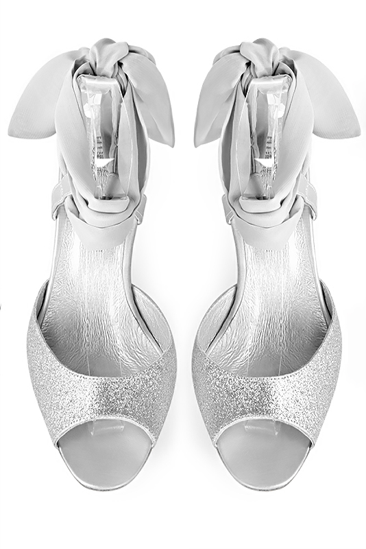 Light silver and pearl grey women's open back sandals, with a scarf around the ankle. Round toe. High slim heel. Top view - Florence KOOIJMAN